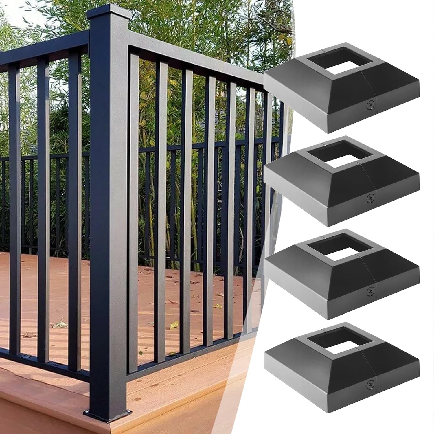 4Pcs 2x2 Inches Black Aluminum Deck Post Base Cover for 2"x2" Deck Railings, Stairs, Patios, Porches, Split Deck Post Skirt