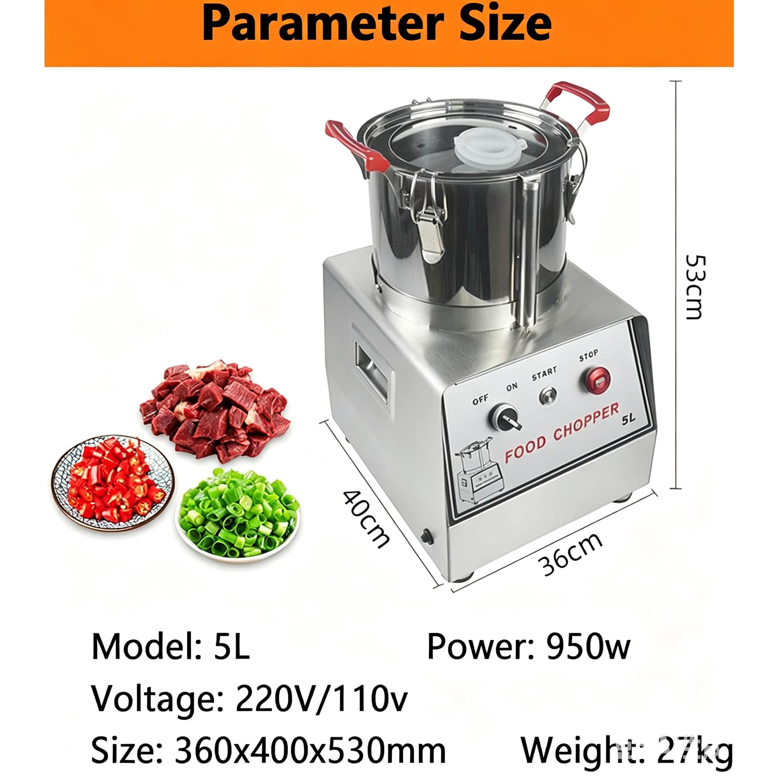 Procesador Alimentos Comercial Acero Inoxidable, Cortador De Verduras Eléctrico 1400 W, Picador Verduras Alta Resistencia, con Cuchilla En Forma De S para Verduras Y Frutas 5l