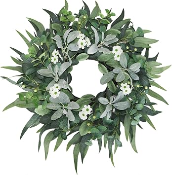24"-26" Green Eucalyptus Wreaths for Front Door with Lambs Ear White Flowers Lifelike Spring, Summer, and Winter Wreath for Farmhouse Front Porch Door Decor