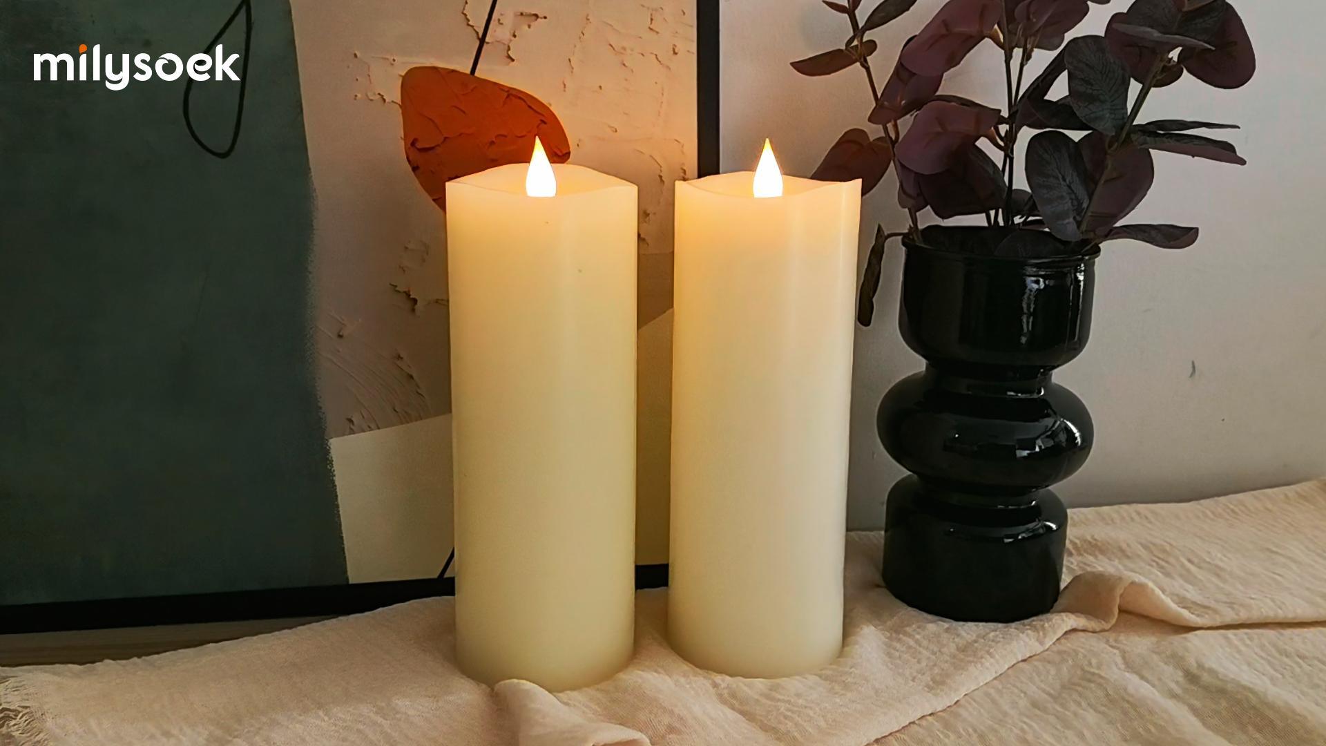 Image of 2PCS, 3 x 8 inches Flameless Candle with Remote Control, 3D Flickering Wick, Real Wax, Battery Candles,with Timer,Battery Powered Candles,for Holiday Home Decor,Ivory