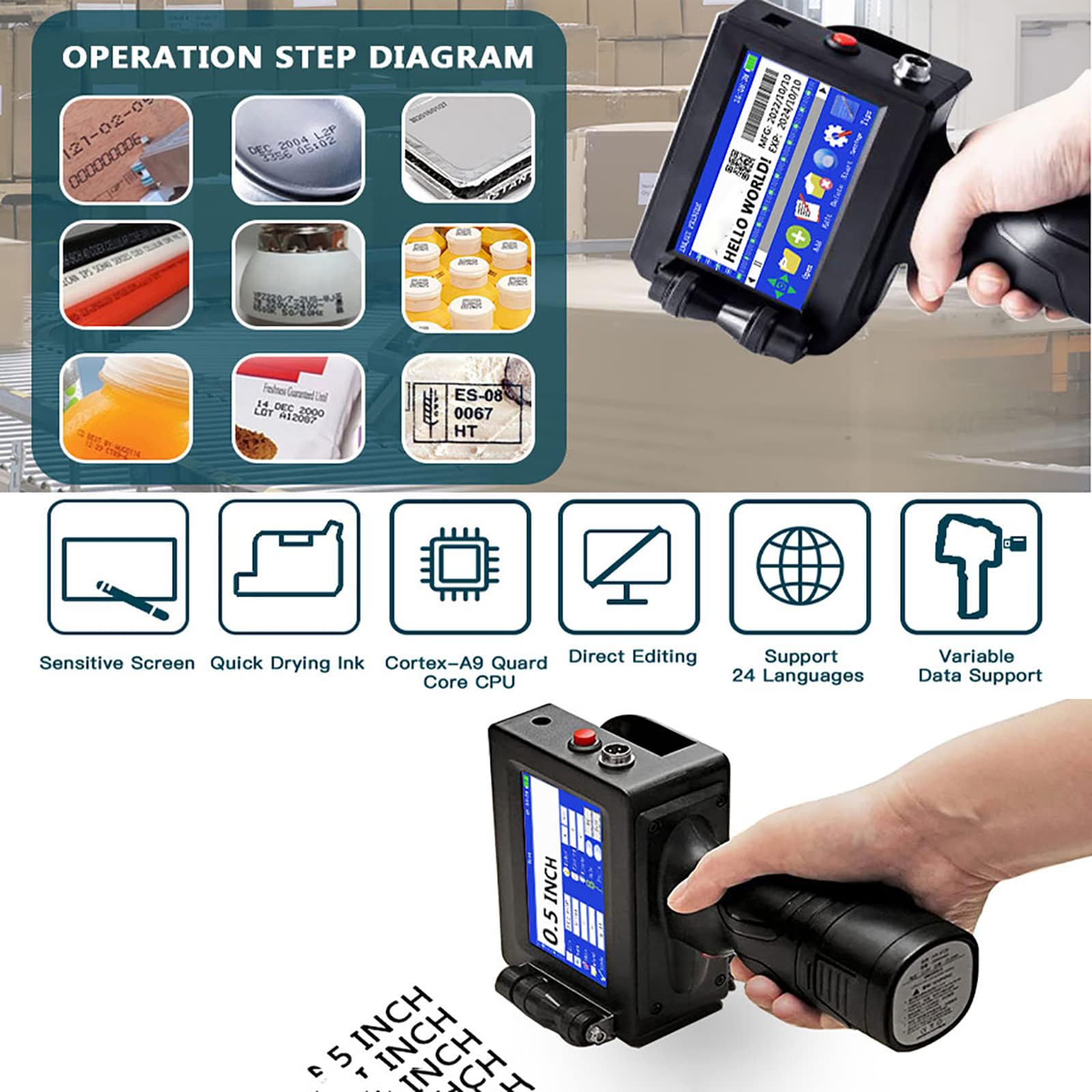 Imprimante Jet d’Encre Portative à Main 12,7 mm, Machine de Codage Écran Tactile 4,3 Pouces, Cartouche Encre Séchage Rapide, Impression HD 600dpi pour Codes-Barres, QR, Logos, Texte et Dates de Lot