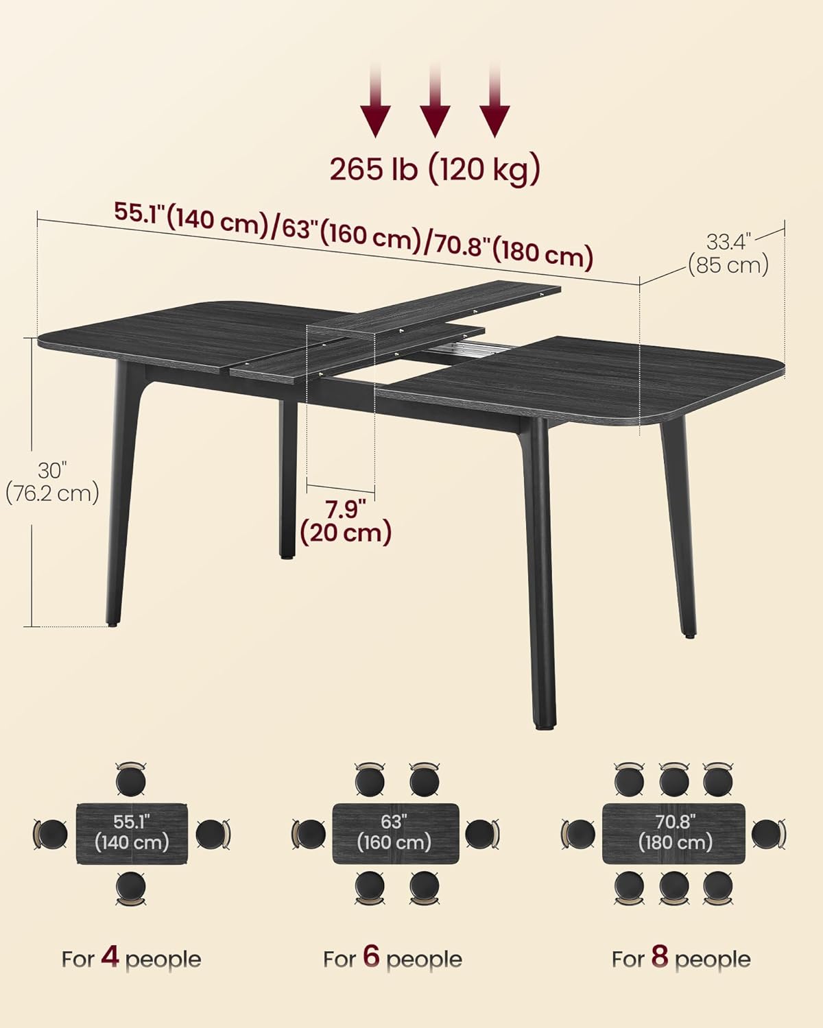 VASAGLE Dining Table for 4/6/8, Extendable Kitchen Table with Tapered Legs, Curved Transitions, for Dining Room, Kitchen, Home Office, Wooden Black UKDT090B01V1