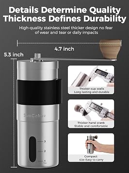 Manual Coffee Grinder, Portable Burr Mill | 304 Stainless Steel, Ceramic Burr, 20g Capacity, Adjustable Grind, For Home, Office, Travel and Camping