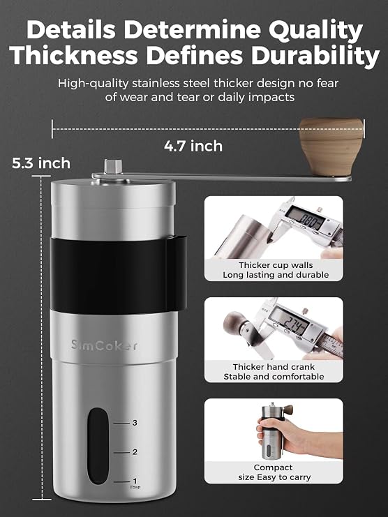 Manual Coffee Grinder, Portable Burr Mill | 304 Stainless Steel, Ceramic Burr, 20g Capacity, Adjustable Grind, For Home, Office, Travel and Camping