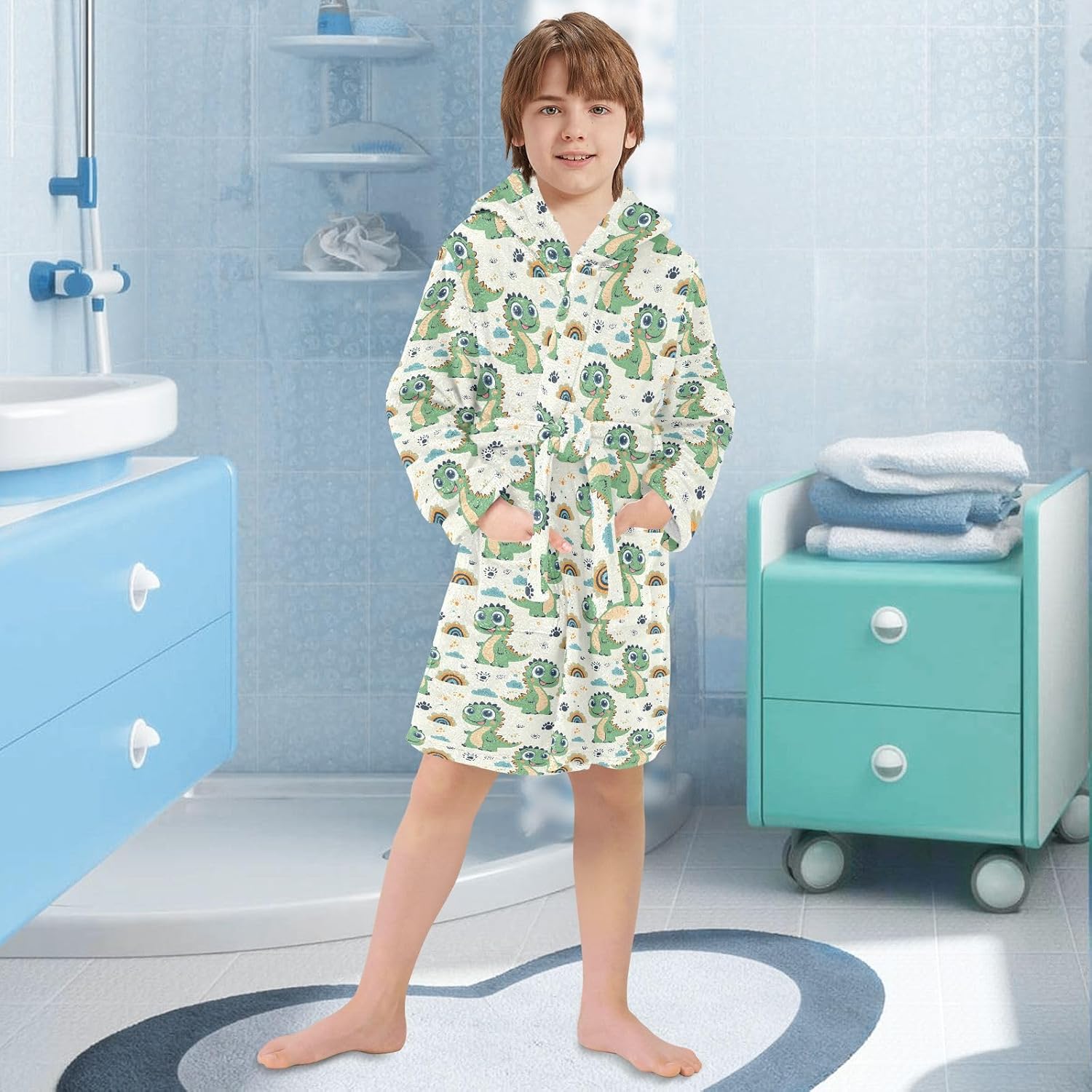 senya Green Dinosaur Rainbow Toddler Hooded Bathrobe Kids Soft Plush Bath Towel Robes for Boys Girls 2-12 Years