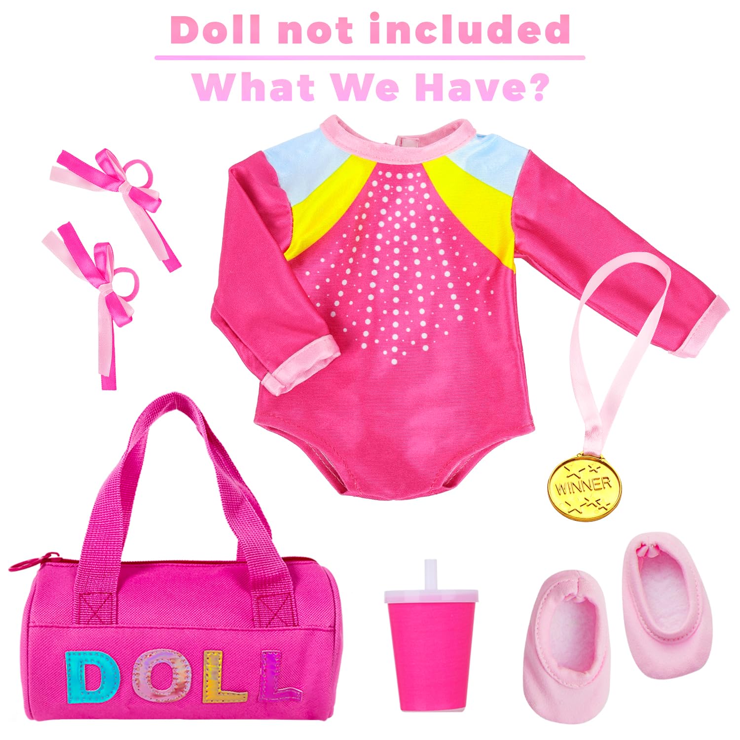 K.T. Fancy 18 Inch Doll Gymnastics Clothes Set - Pink Leotard, Shoes, Gym Bag, Olympic Medal, Water Bottle & Hair Accessories for Play, Doll Not Included