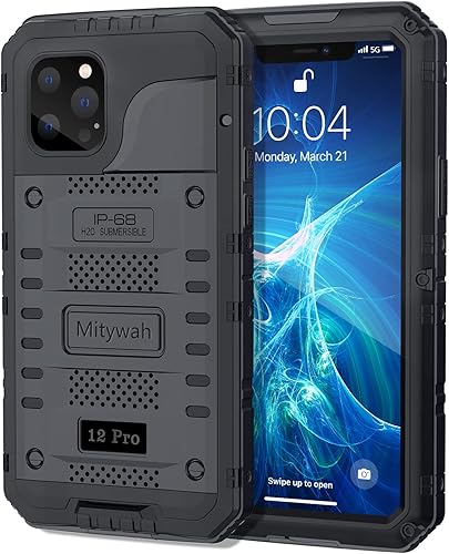 Mitywah Funda impermeable para iPhone 12 Pro, resistente a prueba de golpes, con protector de pantalla integrado, funda de metal de protección