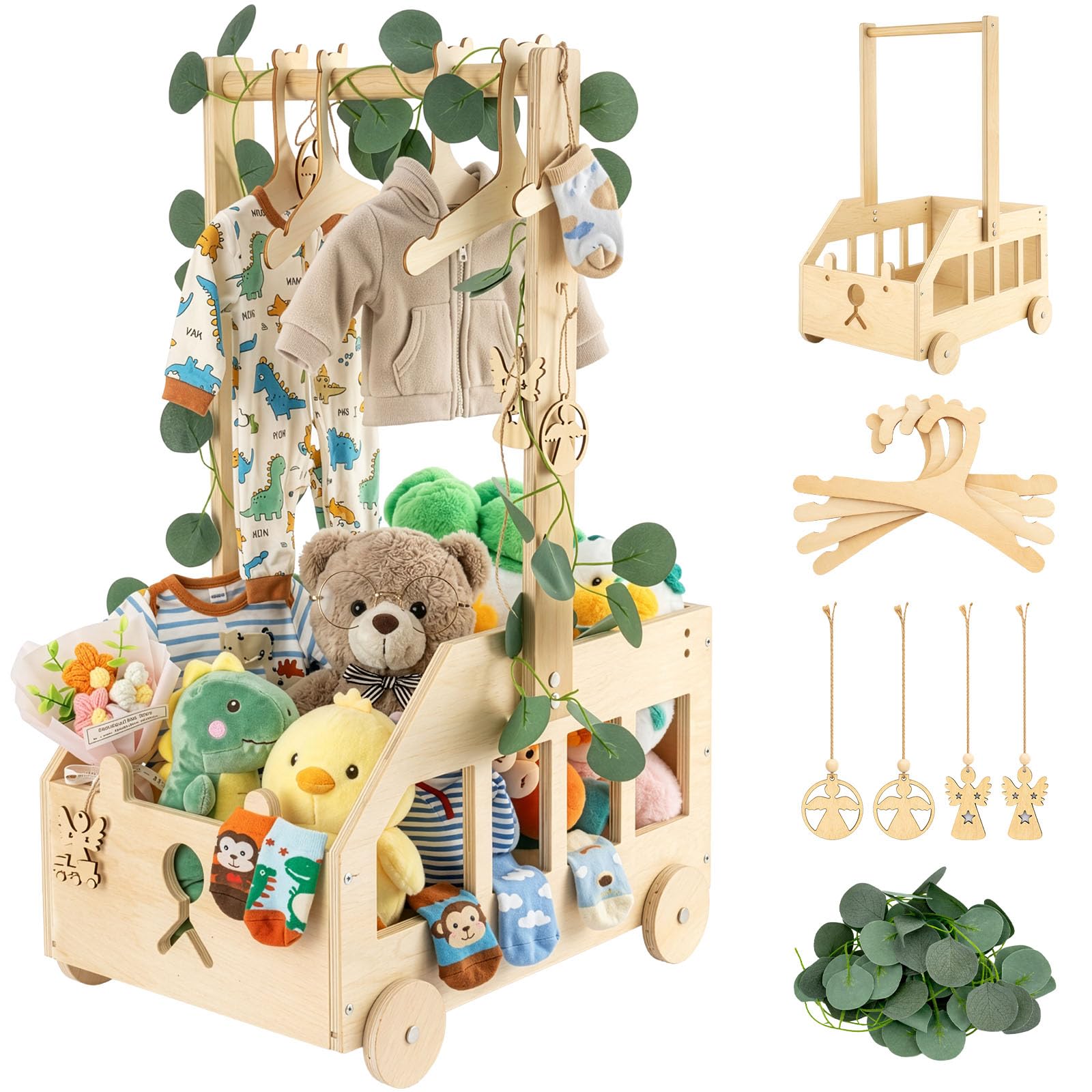 BLUE BAZAAR Wooden Baby Hamper Basket with Wheels & Handles, Babys Shower Gift Crate with Hanging Rail, Newborn Storage Organizer for Clothes, Toys & Essentials