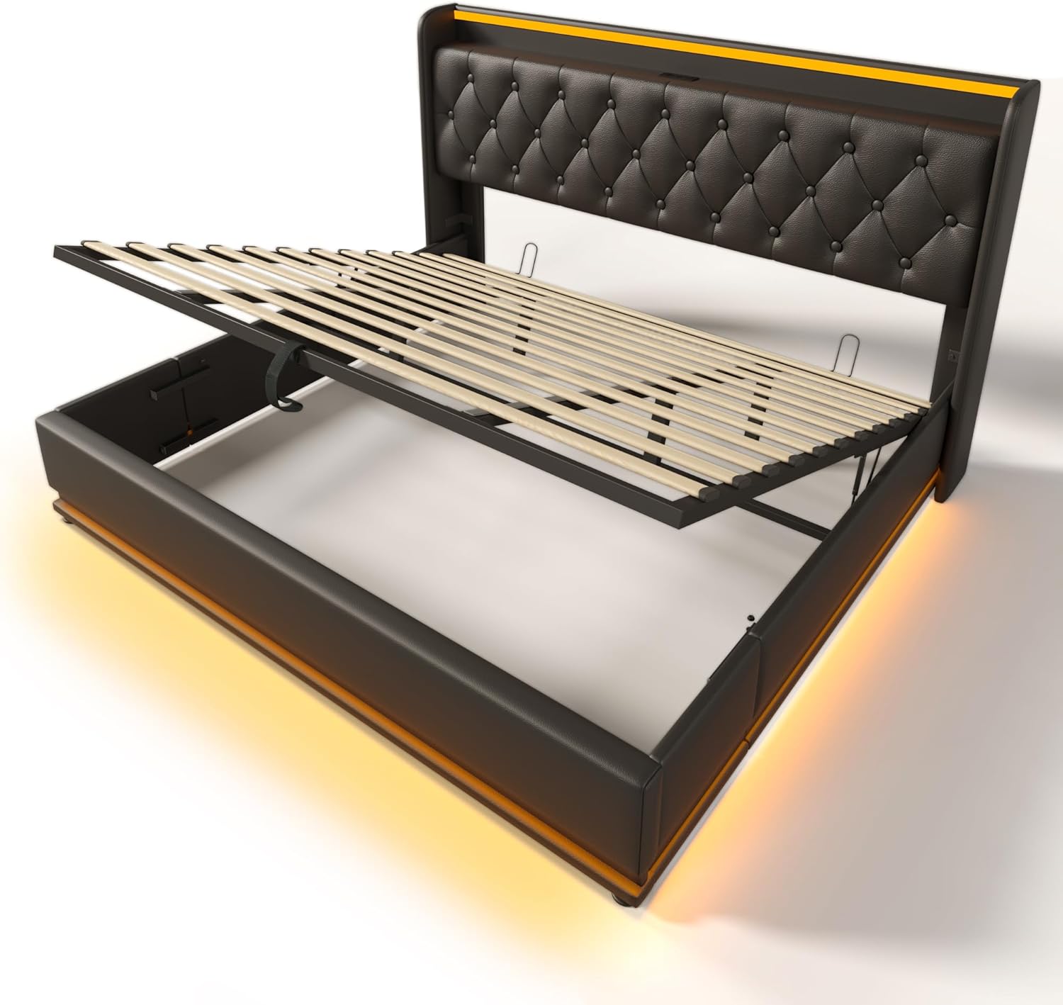 Lift Up Storage Bed Frame King Size, Upholstered Platform Bed w/Led Lights & Charging Station & Button Tufted Wingback Headboard, Black Metal Bed Frame King for Bedroom (Black, King (U.S. Standard))