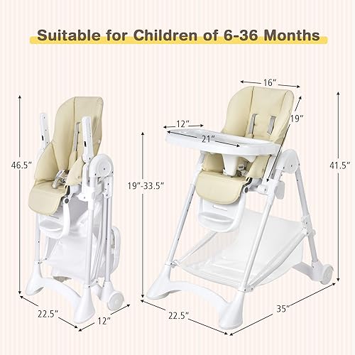 Miniatura 7 de BABY JOY Silla alta para bebés y niños pequeños, trona plegable rápida con 2 ruedas con bloqueo, canasta de almacenamiento grande, bandejas dobles