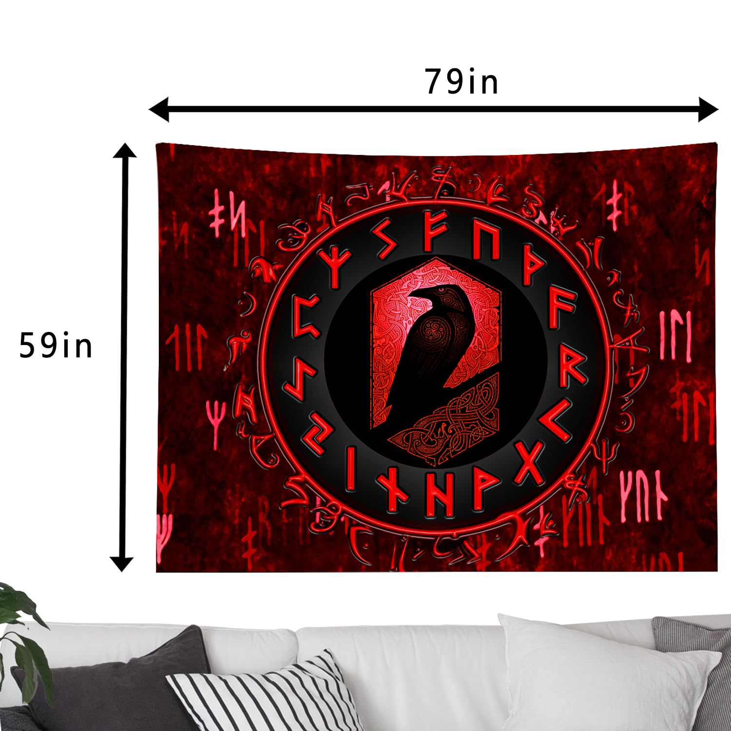 Arsey Nordic Viking Tapestry Wall Hanging Raven Meditation Red Runes Tapestries Decor Bedroom Living Room, 200 x 150 cm - Image 4