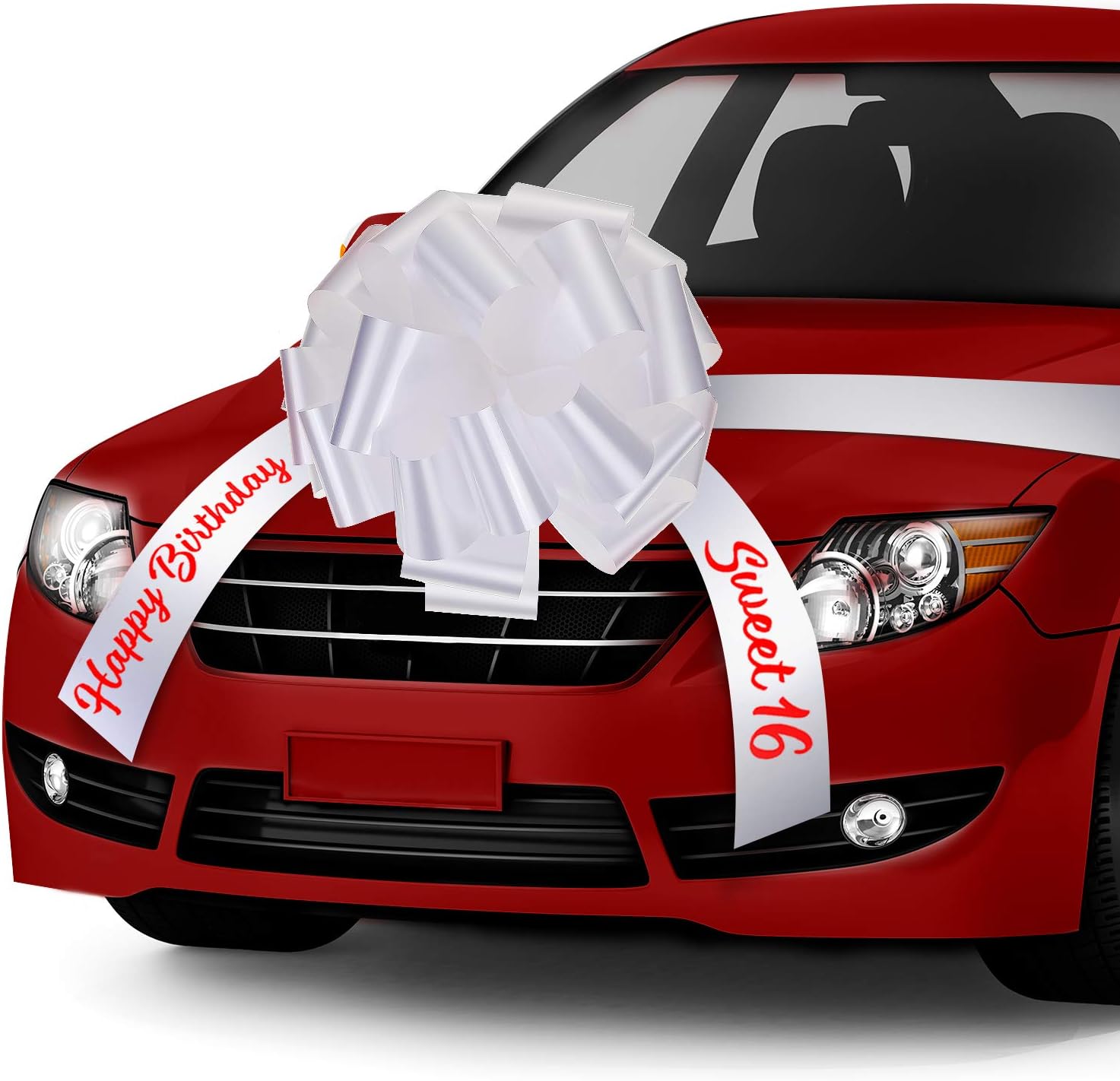 Happy Birthday Car Bow Sweet 16 Big Car Pull Bow Giant Car Gift Wrapping Bow with 20 Feet Car Ribbon for Birthday Party Car Decorations (White,20 Inch)