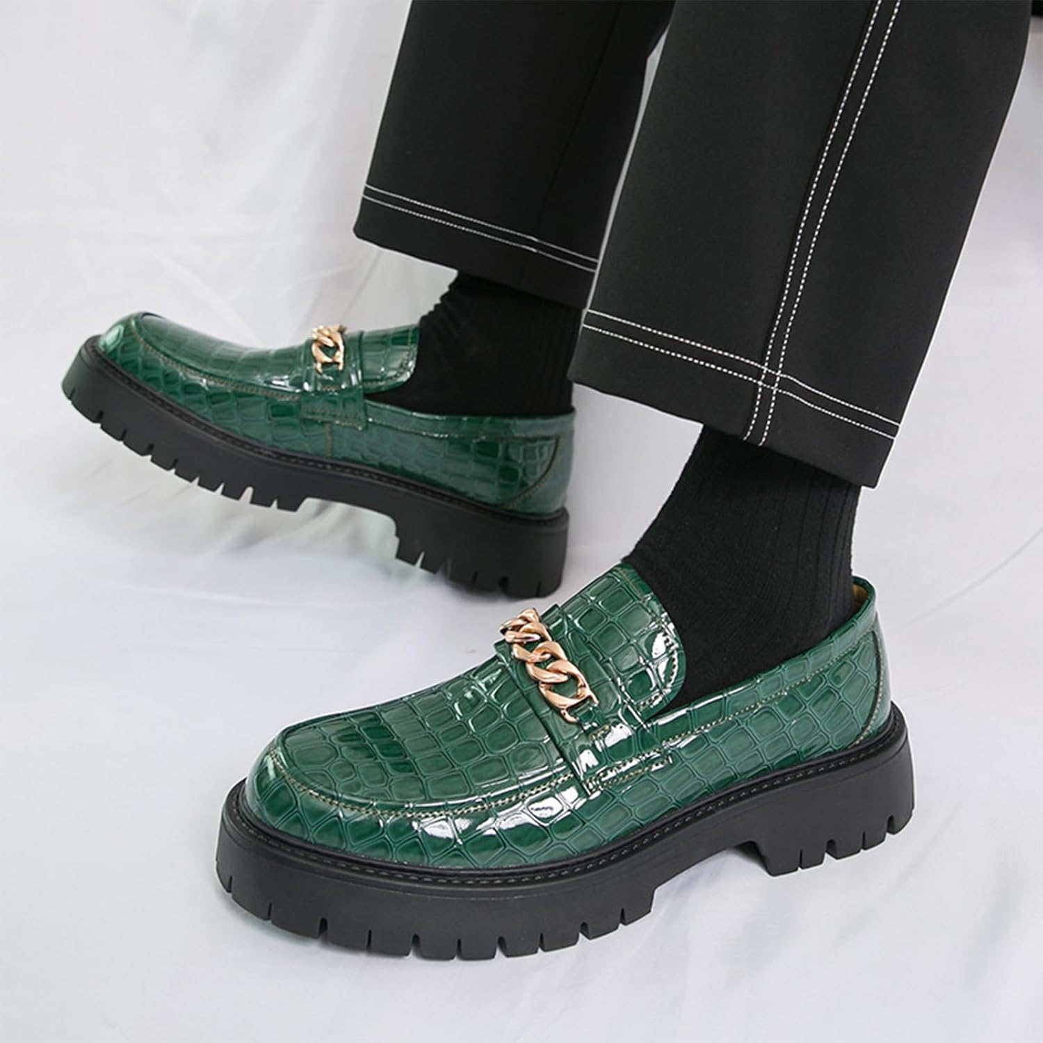 Mens Printed Leather Chain Platform Lug Sole Loafers Vintage Metal Round Toe Thick Sole Non Slip Formal Penny Shoes for Formal Business Work Office Daily