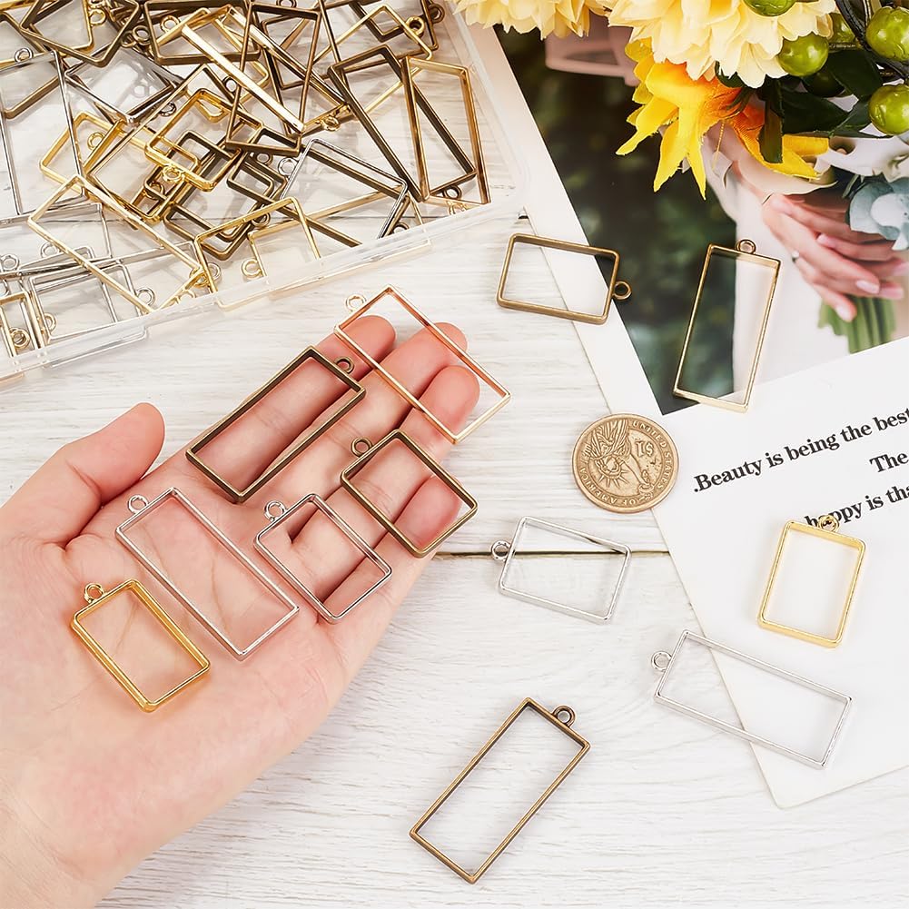 OLYCRAFT 60Pcs Metal Open Back Bezel Pendants 2 Sizes Rectangle Hollow Frame Charms Open Frame Pendant Blank Geometric Frames for Bracelet Necklace Jewelry Making - Brown/Gold/Silver