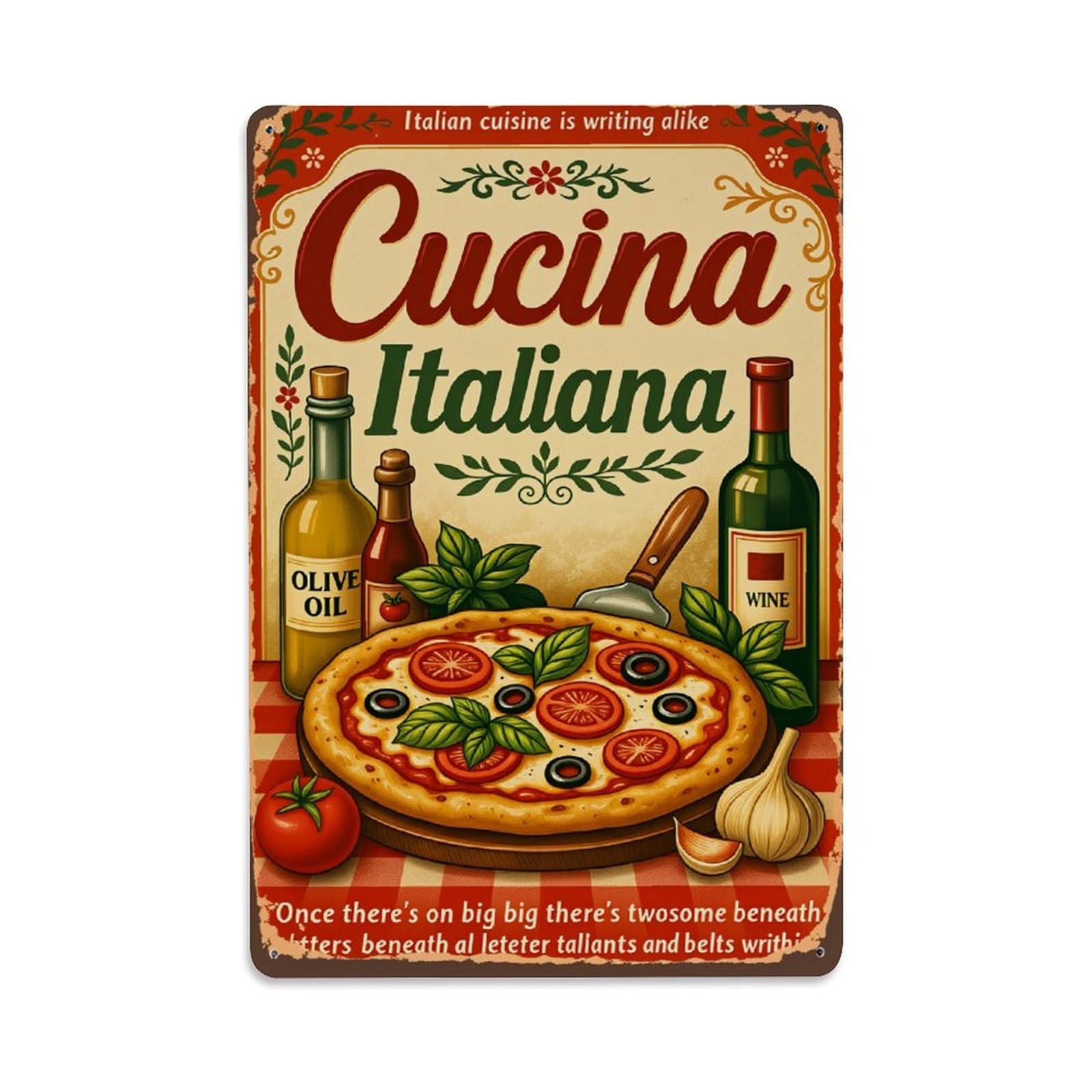 Jdfenggu Vintage Italian Pizza Olive Oil Wine Garlic Retro Metal Tin Sign, Decor Art Poster For Bar, Home, Man Cave, Kitchen, Laundry Room Gift 8X12inch