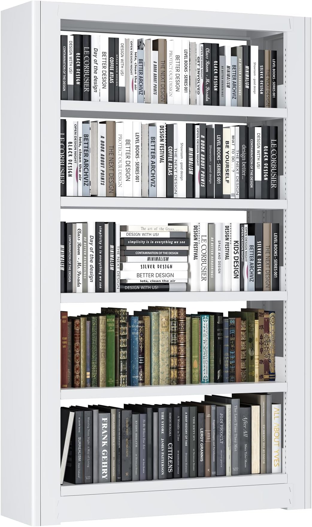 - OSEILLC 5-Tier Bookshelf, White Bookshelf with Adjustable Storage Shelves, Metal Bookshelf, 69" Tall Bookcase for Living Room, Library, Office, Bedroom, Including Book Stopper,36" Wide Bookshelves
