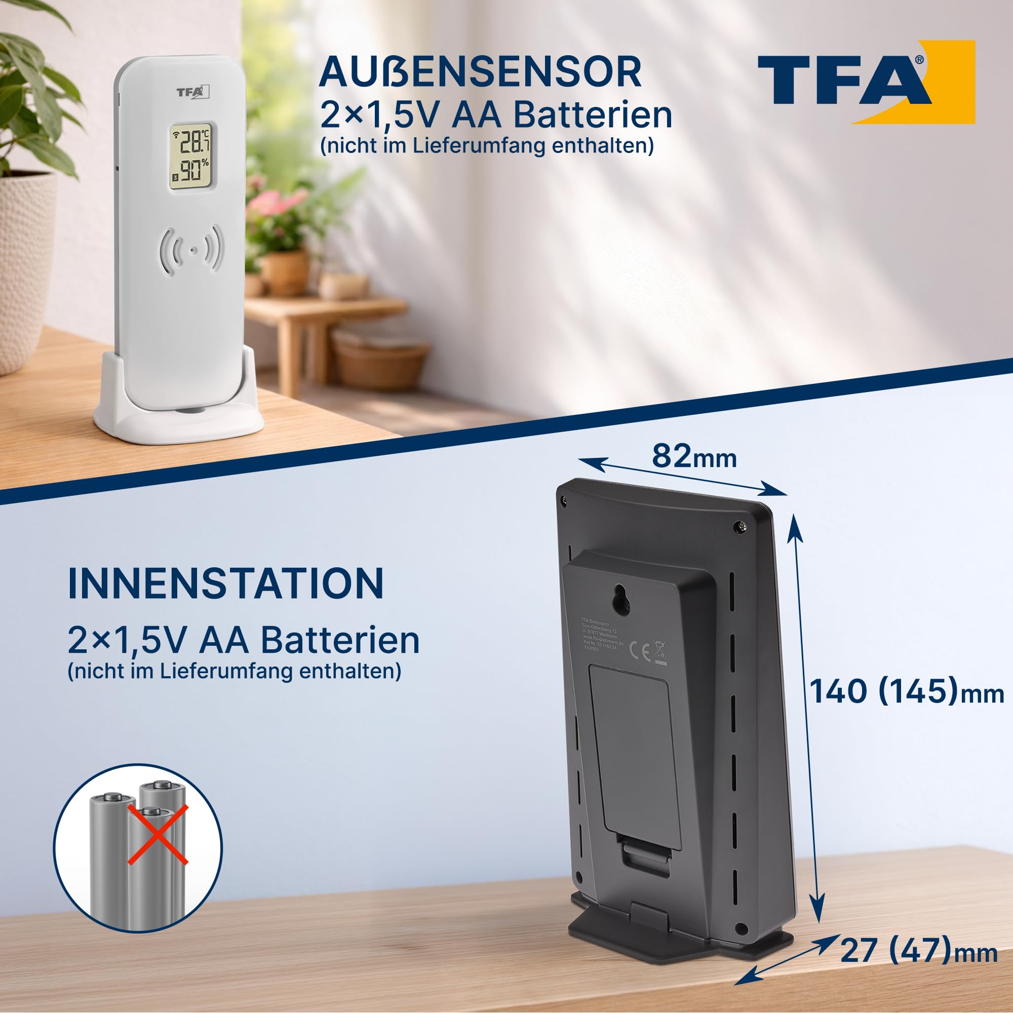 TFA Dostmann Funk Wetterstation Xena, 35.1162.54, mit Außensensor, Innen und Außentemperatur messen, mit Wettervorhersage, inkl Funkuhr, Luftfeuchtigkeit, batteriebetrieben, silber