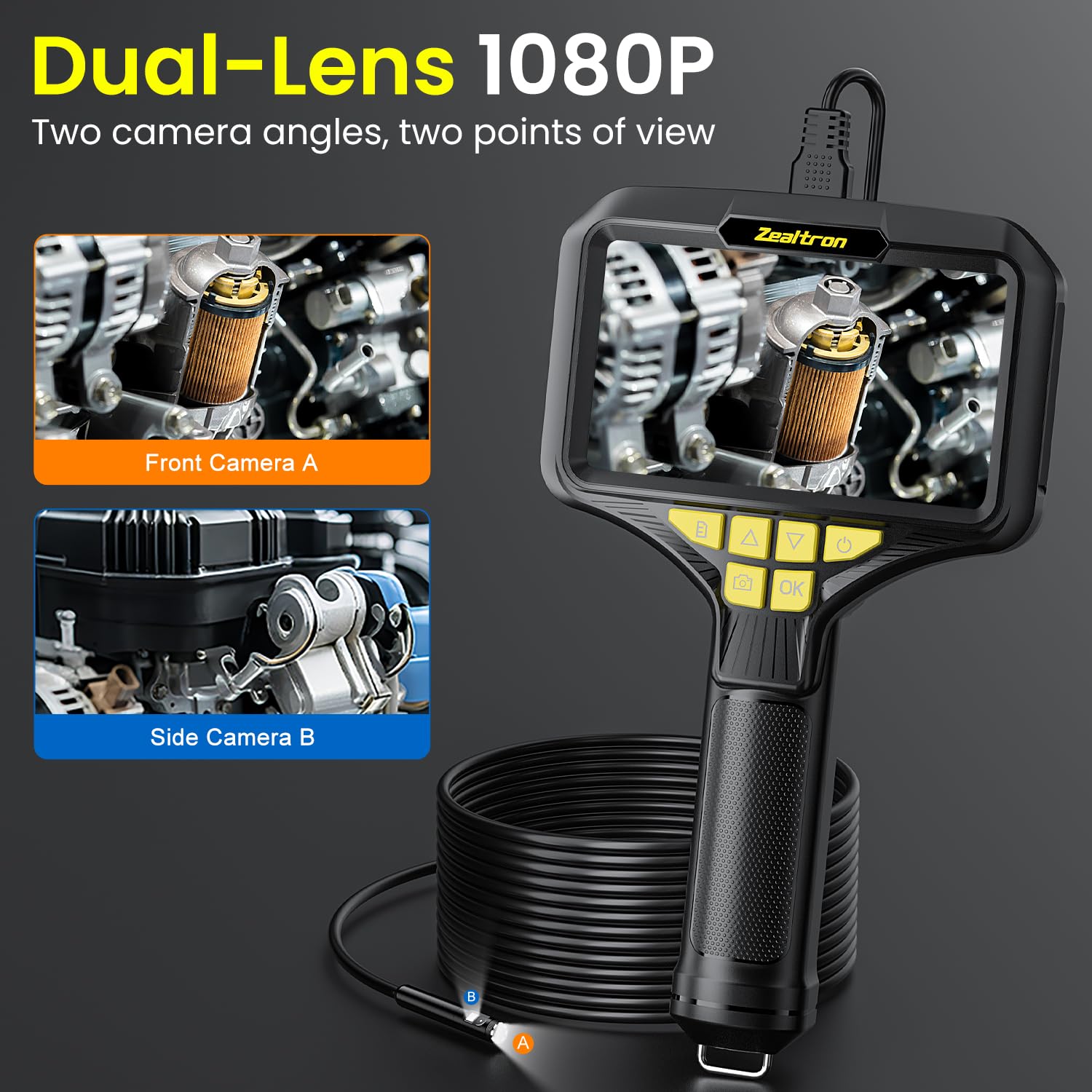 Dual Kameras Endoskopkamera mit Licht, Doppelkamera Dual Lens 5,0 Zoll IPS Bildschirm Endoskop, 8+1 Einstellbaren LED-Licht Inspektionskameras, 5 Meter Kabel Rohrkamera