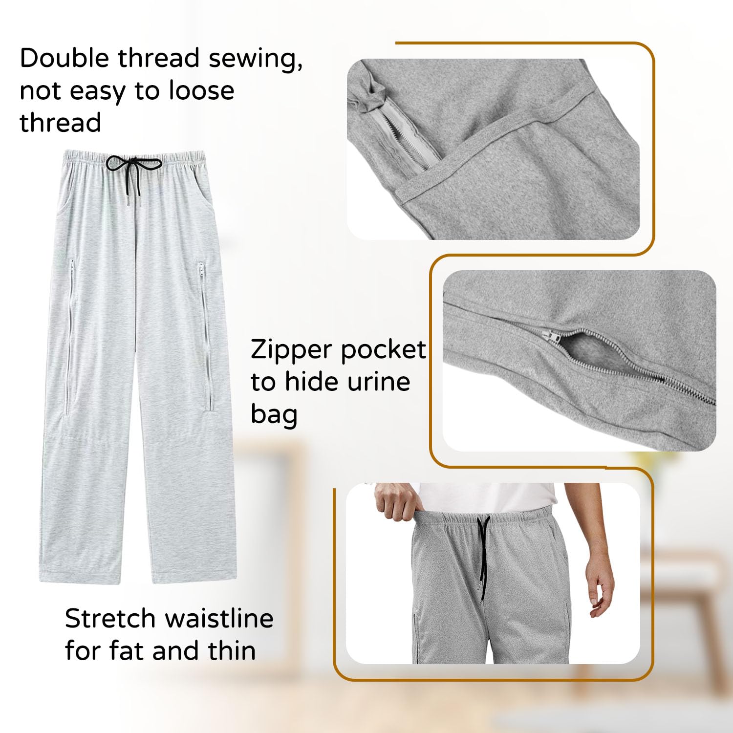 Pantalones de nefrostomía, pantalones de catéter, bolsillos dobles con cremallera, pantalones de bolsa de orina para foley, nefrostomía, ostomía