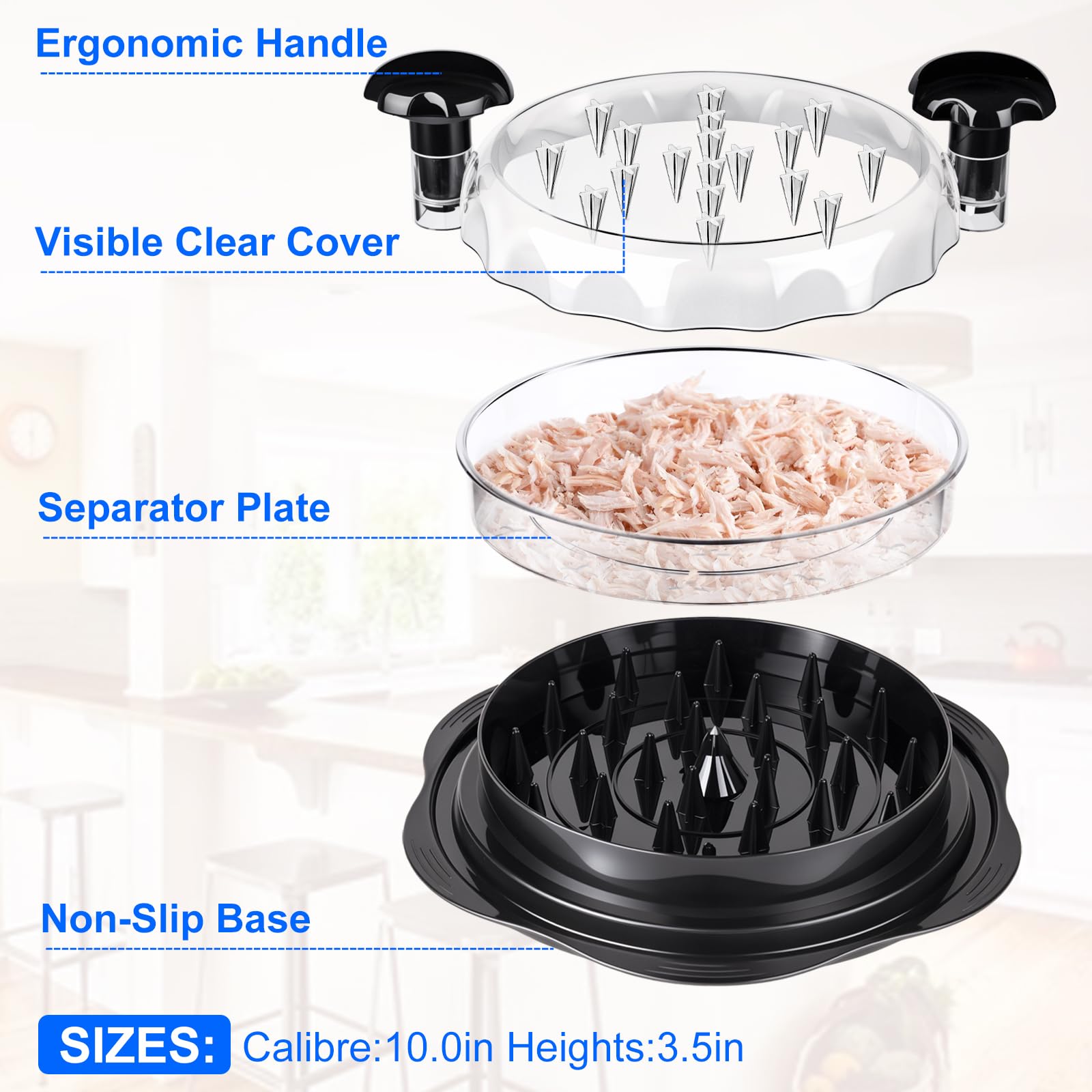 Trituradora de pechuga de pollo, herramienta trituradora de pollo, herramienta para triturar carne visible, con placa separada, parte inferior antideslizante, mango ergonómico, sin BPA, adecuado para 3