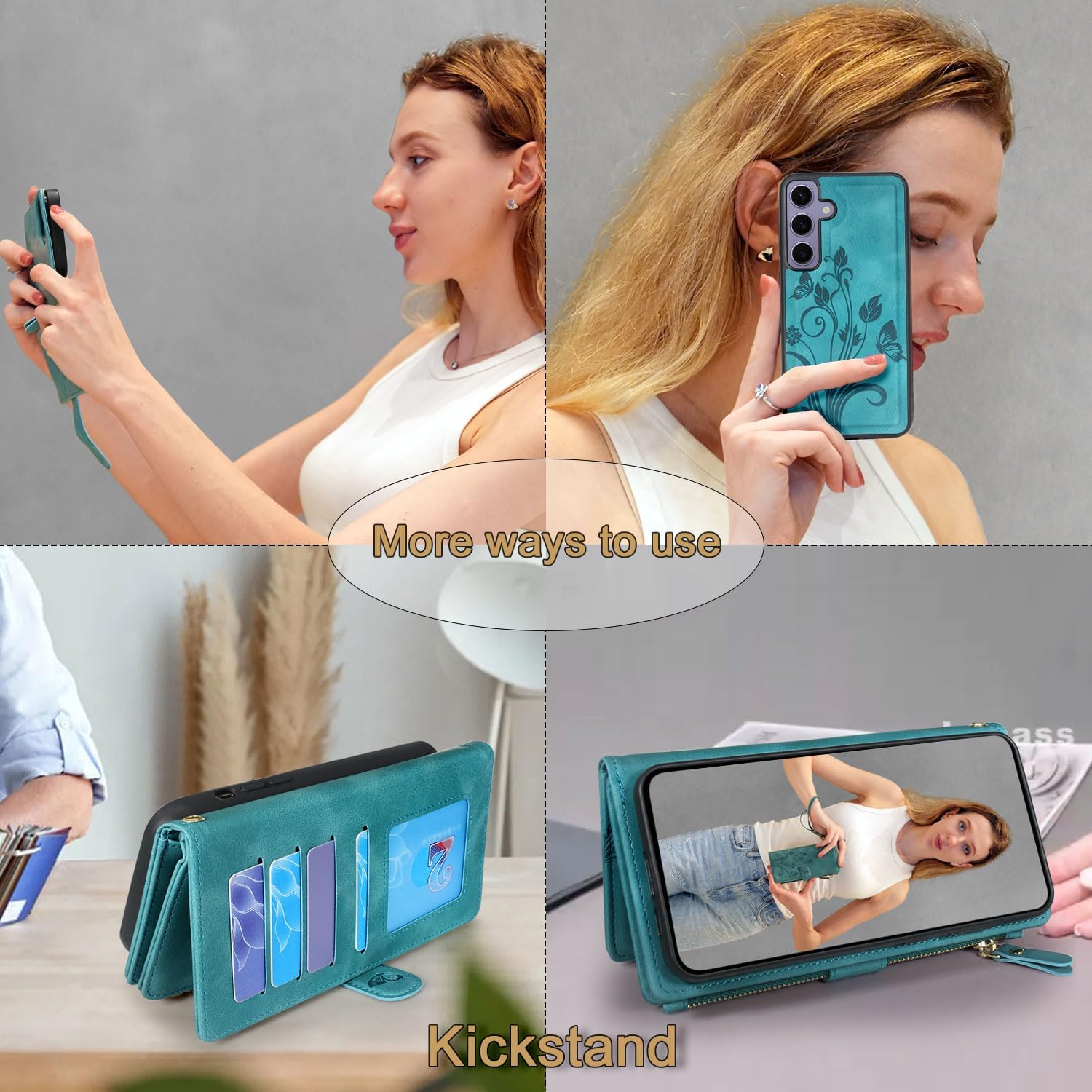 Lacass Case Wallet for Samsung Galaxy S24 6.2 inch 2024, [12 Card Slots] ID Credit Cash Holder Zipper Pocket Detachable Leather Wallet Cover with Wrist Strap Lanyard（Floral Blue Green）