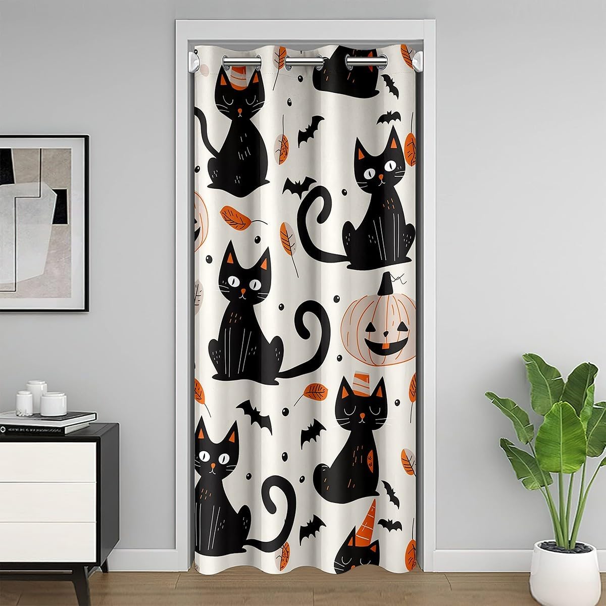 Cartoon Cats Door Curtain Cute Pumpkin Botanical Blackout Curtain for Girls Boys Kids Bats Wild Animal Doorway Curtain Happy Halloween Privacy Door Drape 1 Panel 60" W X 80" L