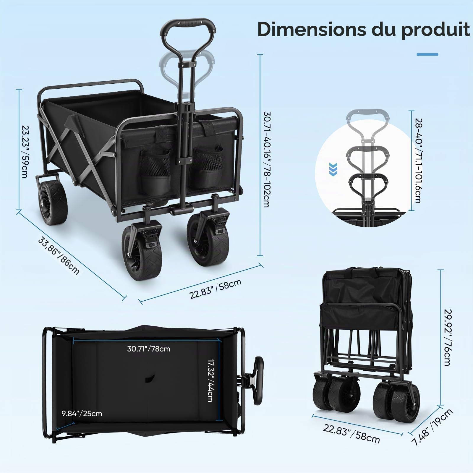 Chariot de Plage Pliable, Charette Pliable avec Porte-Boissons, 100 L, 100 kg, Chariot de Transport, Chariot de Jardin, Chariot à la Plage, pour Les Courses, adapté au Tout-Terrain avec Freins