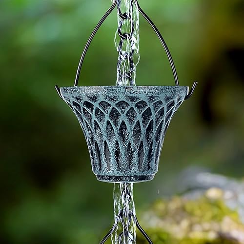 Miniatura 2 de CYNOR Cadenas de lluvia azul antiguas para canalón de bajada decorativas, para jardín, para decoración al aire libre, 6 tazas, extensión de cadena