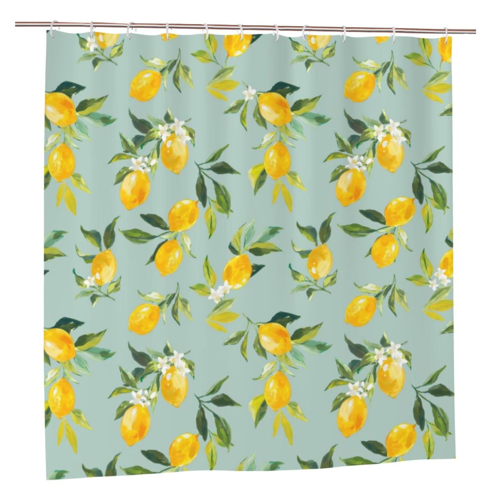 Newhomestyle Lemon Shower Curtain, Fruit Green Leaves Summer Bathroom Curtain, Waterproof Polyester Fabric Bath Curtain, Quick Dry Bathtub Decor with 12 Hooks, 180 x 180 cm/ 71X71 in