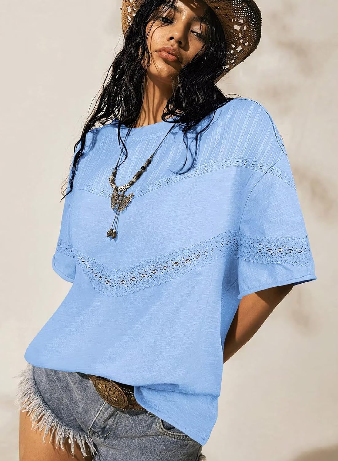 Womens Summer Tops Oversized Short Sleeve Boho Casual Shirts Flowy Lace Crochet Eyelet Loose Blouse Trendy 2025 - Image 4