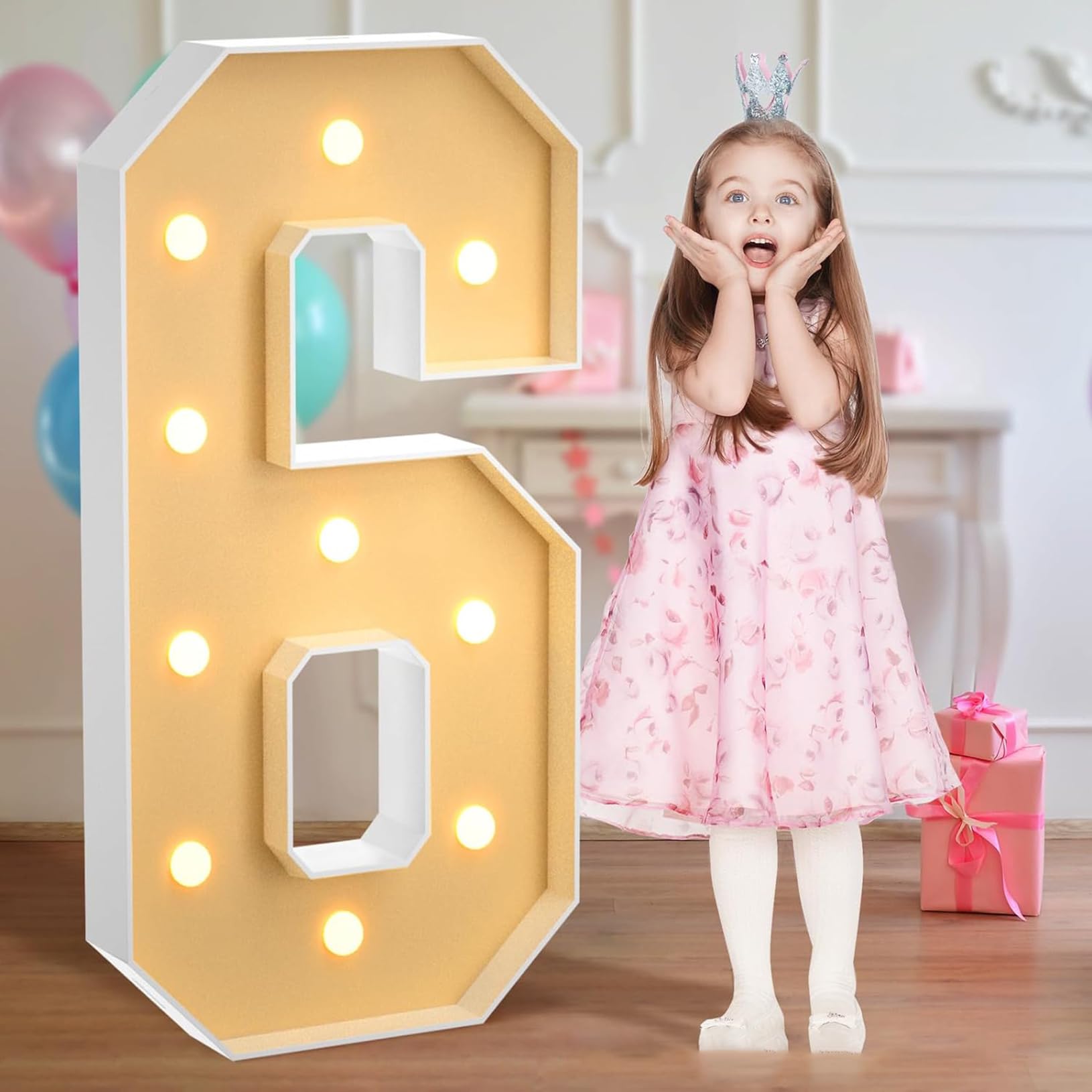 Wedding Marquee Light Up Number 6, LED Numbers Light for Birthday Decor Marquee Numbers Pre-Cut Frame Mosaic Numbers for Anniversary Party DIY Decor, 70cm/2.3FT