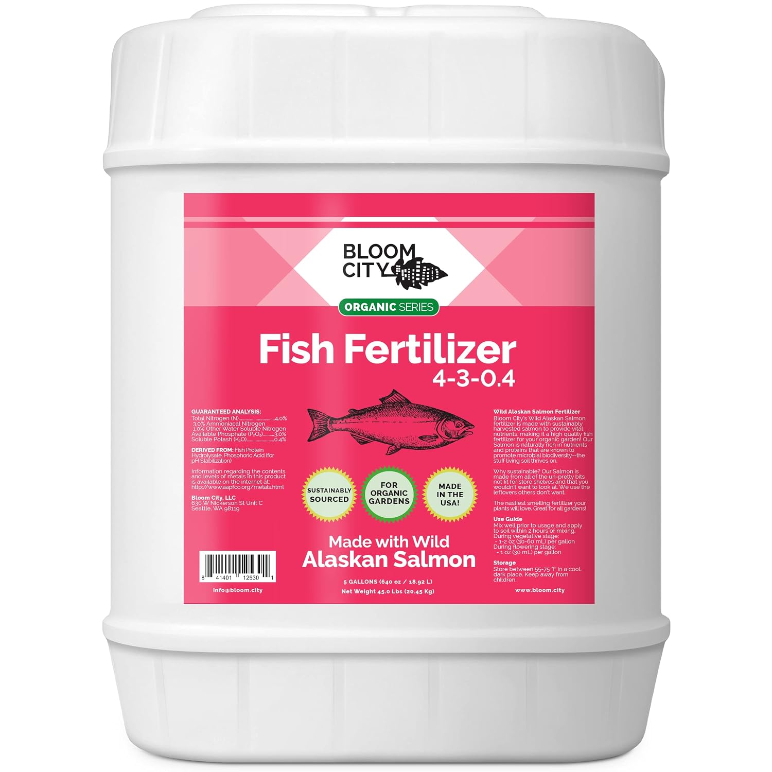 Organic Wild Fish Fertilizer and Plant Supplement, Great for Roots and Soil, Made from Sustainable Salmon, by Bloom City, 5 Gallon (640 oz)