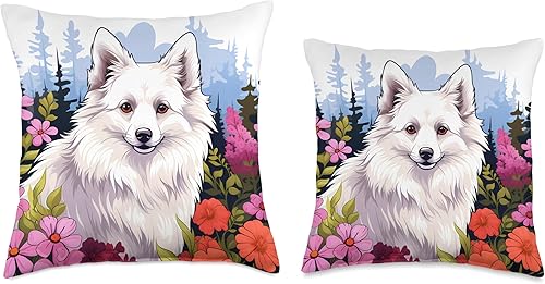 Miniatura 3 de Lindo perro esquimal americano en primavera flor prado arte naturaleza almohada, 18 x 18 pulgadas, multicolor