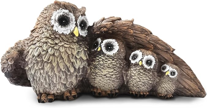 Cute Brown Family of Four owl Figurines Home Decor Sculpture with Three Baby Owls Decor for Shelf Gifts Decoration for Birds Lovers Home,Office, Bookself