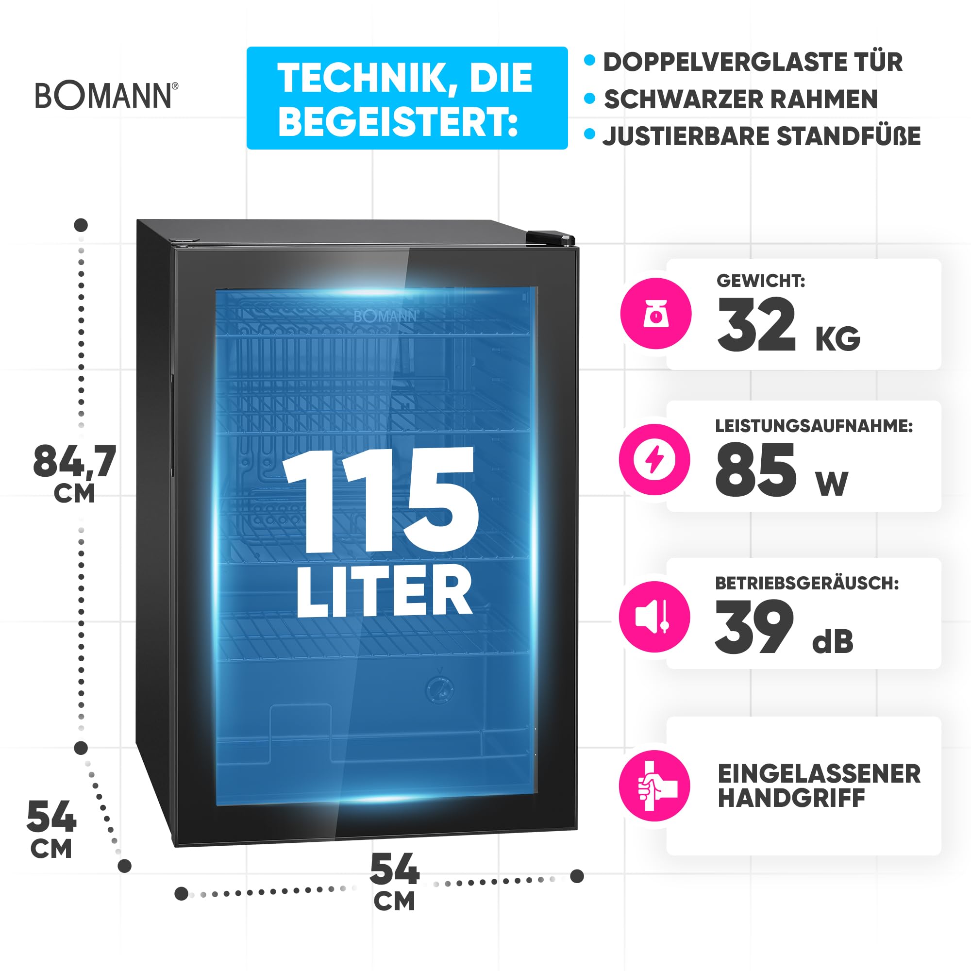 Bomann Getränkekühlschrank 115L 4 Ablagen Glastür 39dB leise KSG 7290