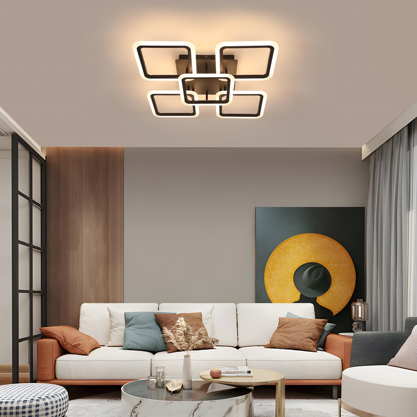 Comely Plafoniera LED Dimmerabile Nero 57W con Telecomando 3000K-6500K | Quadrato 6400LM Lampadario Soffitto Moderna per Soggiorno Camera da Letto Cucina
