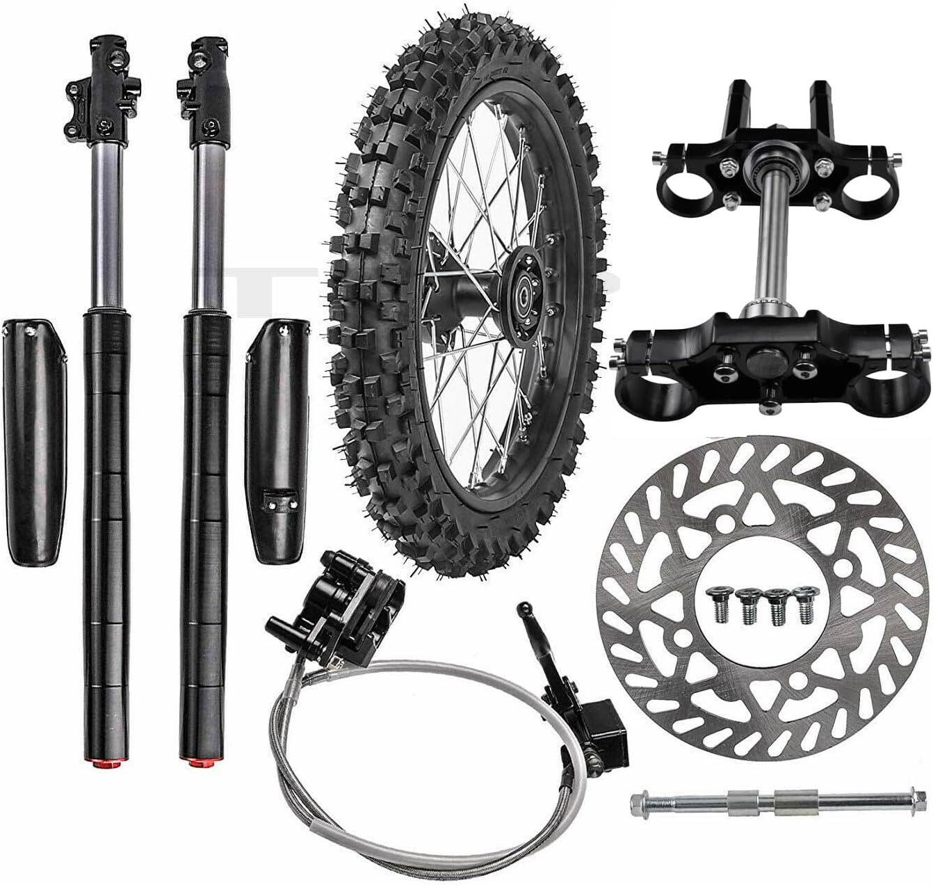 Front Forks Shock Triple Assembly Front End + 14" Wheel 60/100-14 Tire and Rim Disc Brake Kit For Pit Dirt Bike Apollo Taotao SSR 70cc 110cc 125cc 140cc Motocross