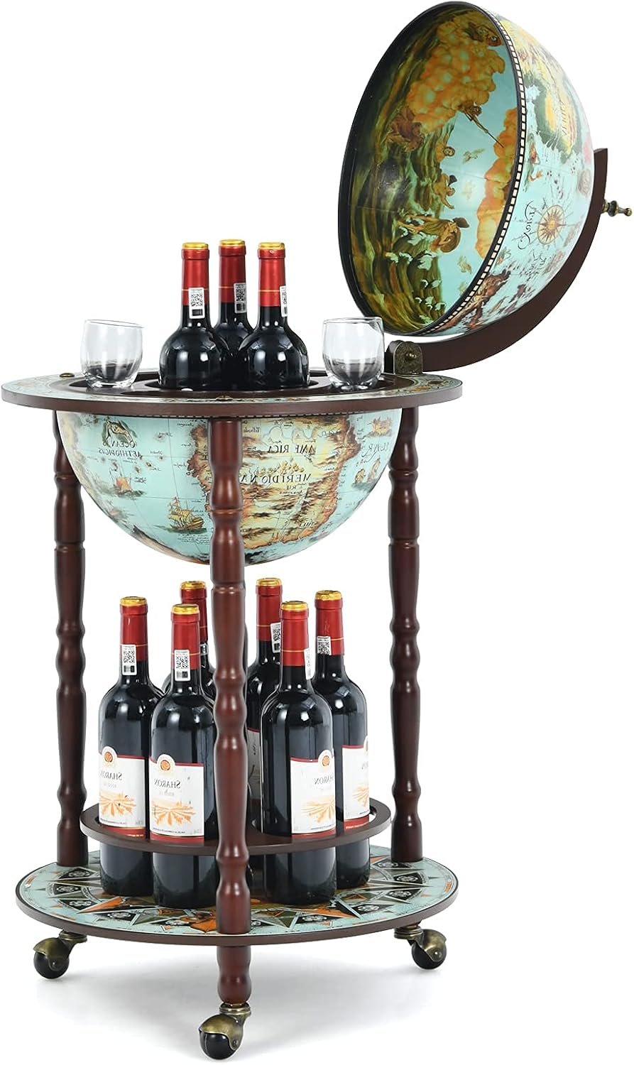 ReunionG Wine Bar Stand 16th Century Italian Wood Globe Rack Liquor Bottle Shelf with Wheels, 17&amp;#39;&amp;#39; Retro Brown