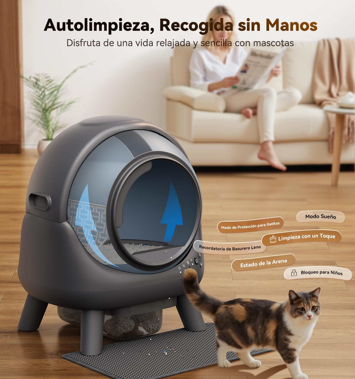 Arenero Gatos Autolimpiable Caja de Arena Sin Olor 65L +1 Bolsa de Basura | FEELNEEDY Control de Olores,App Monitor en Tiempo Real,Sensores de Seguridad con Varios Gatos (1-8 kg)