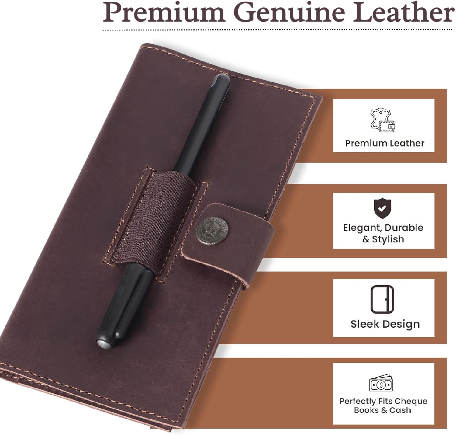 Brown Leather Checkbook Cover for Men & Women, Full Grain Check Book Wallet with Pen Holder, Fits Personal & Duplicate Checks, Slim Money Organizer Case, Durable Leather Checkbook Holder 7x3.75 Inches