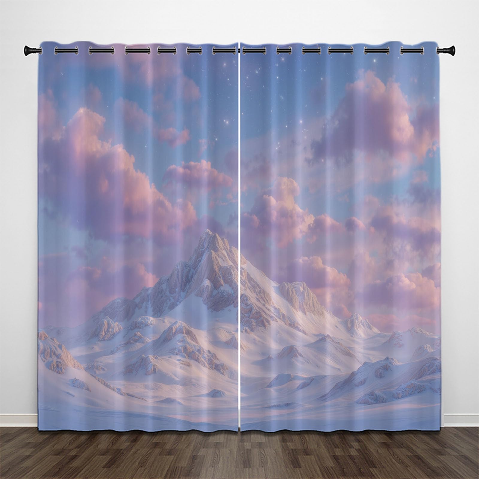 Rideau occultant thermique et acoustique motif montagnes enneigées pour salon 2 panneaux
