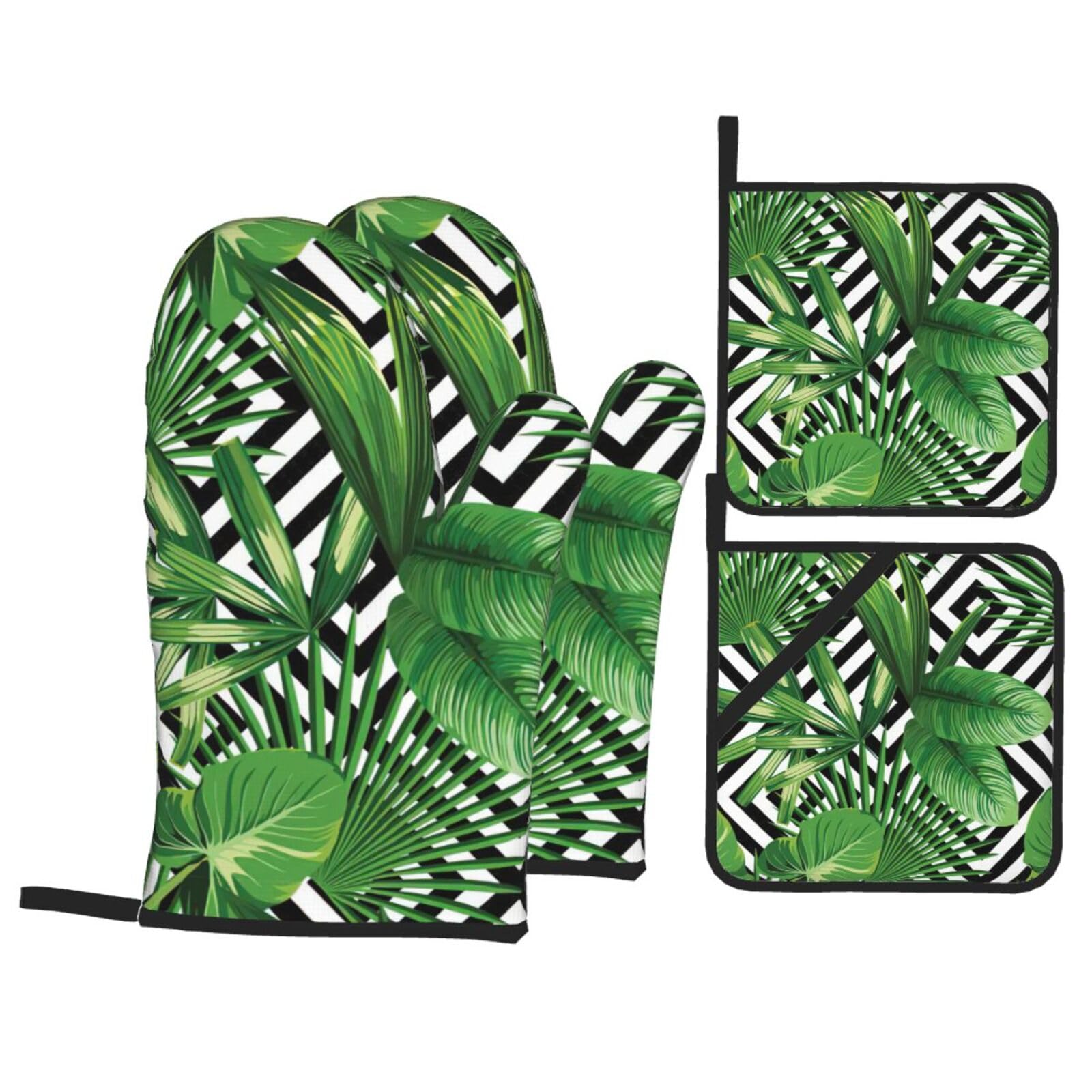 Tropical Leaves Print Kitchen Oven Mitts And Pot Holders Set,Hanging Loop Design For Cooking Baking Bbq
