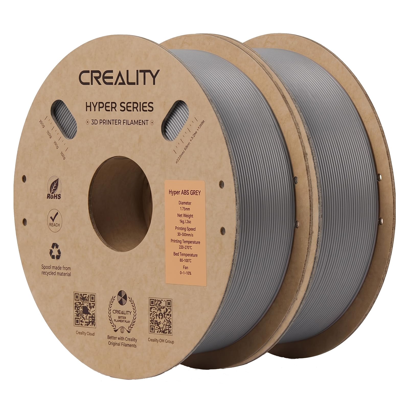 Creality Hyper ABS Filament 1.75mm 2KG, Grey*2, 2-Pack