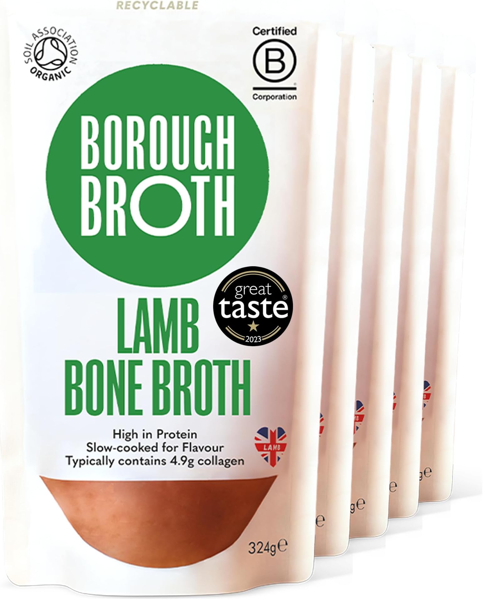 Borough Broth Organic Lamb Bone Broth โ Grass-Fed Bone Broth โ High Protein Collagen Stock โ Slow Cooked 24 Hrs โ Healthy Fresh Broth โ 5 x 324g Pouch โ Organic Bone Broth UK