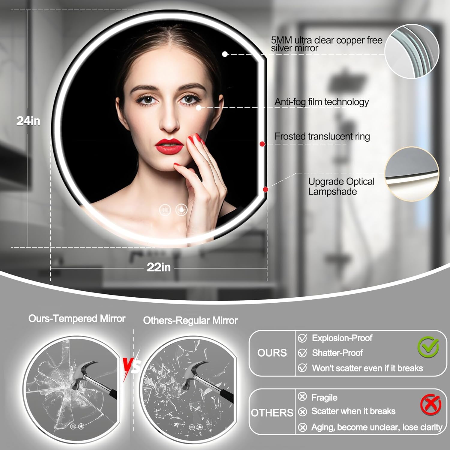 24"×22" LED Bathroom Mirror with Frontlit & Backlit, Lighted Mirrors for Bathroom Wall, Smart Bathroom Mirror with Lights, Anti-Fog, Shatter-Proof, Stepless Dimmable,3 Colors, Memory Function