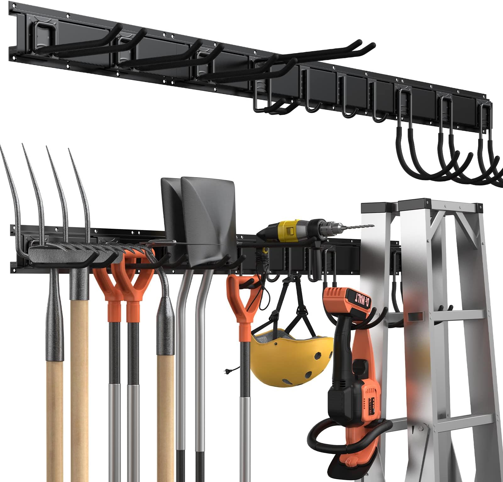 14 PCS Tool Storage Rack, 64 Inches Adjustable Garage Tool Organizer Wall Mounted Storage System with 10 Hooks, Super Heavy Duty Steel Garden Tool Organizer Wall Holders for Ladders, Chair, Broom, Mop, Rake Shovel Tools
