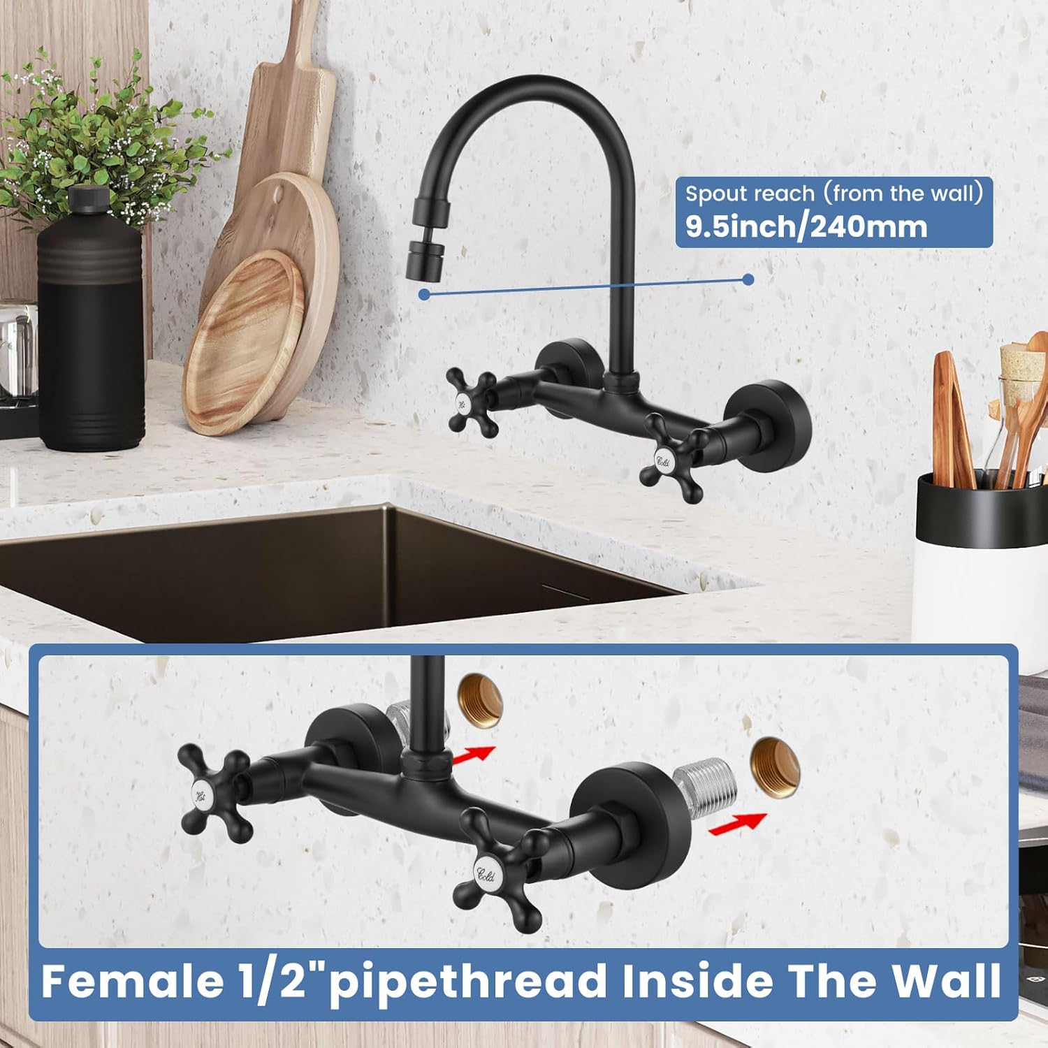 Airuida Matte Black Waterfall Bathroom Faucet, Single Handle Single Hole Bathroom Sink Faucet Wall Mount Kitchen Faucet Matte Black 8 Inch Center Wall Mount Faucet Kitchen with Sprayer