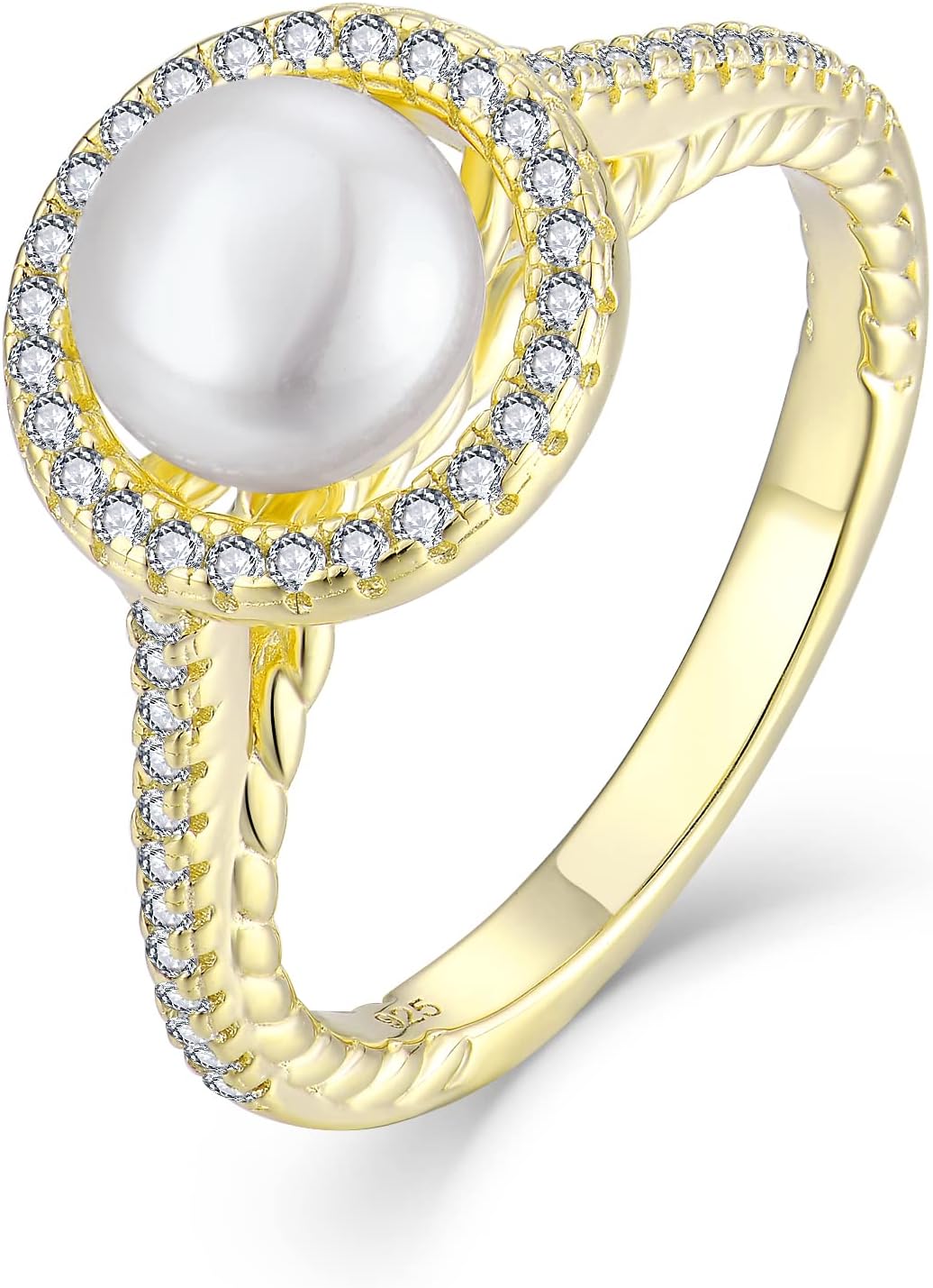 Pearl Ring for Women 925 Sterling Silver Women's Ring Cubic Zirconia Band Engagement Anniversary Statement Promise Ring for Her 7mm Freshwater Pearl Size5-10
