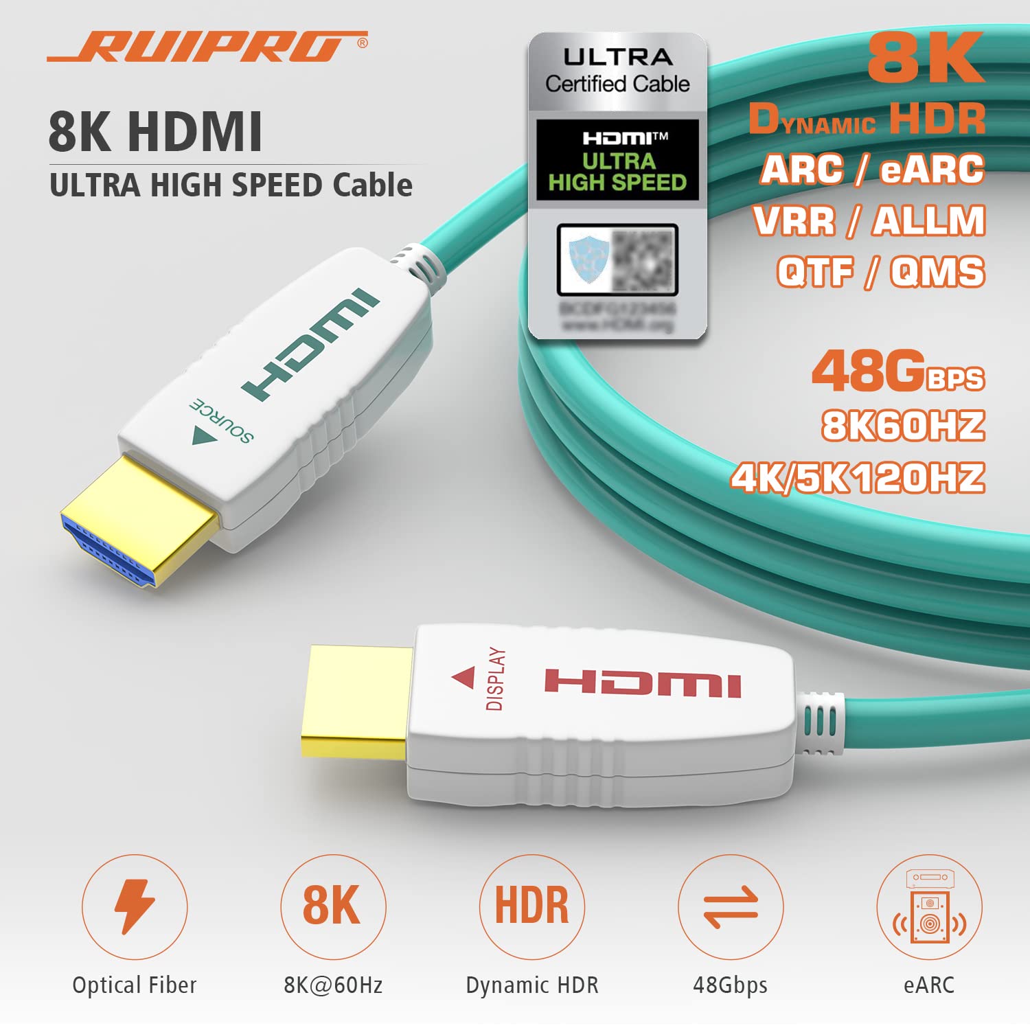RUIPRO Cavo HDMI 8K Fibra Ottica Ultra Certificato 15m HDMI 2.1 48Gbps 8K@60Hz 4K@120Hz Dynamic HDR, eARC, HDCP 2.2 Sottile Flessibile per LG Samsung TCL Sony RTX 3080 3090 Xbox PS5/4