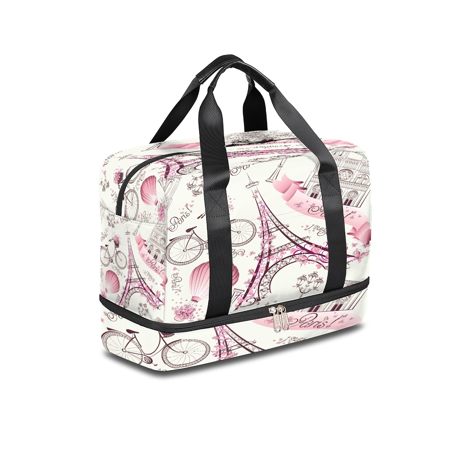 Paris Eiffel Tower Sports Gym Bag with Shoes Compartment,France Floral Flower Travel Duffel Bag for Men Women Boys Girls Teens Overnight Weekend Yoga Workout Bag Training Handbag